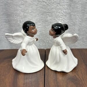 Ceramic Angel Bell Figurines Kissing Couple African American Christmas Decor Set